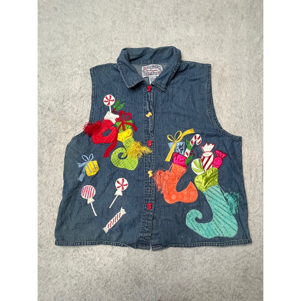 Tantrums Vintage Christmas Denim Vest Large Blue Stocking Candy Cane Applique - Picture 1 of 5